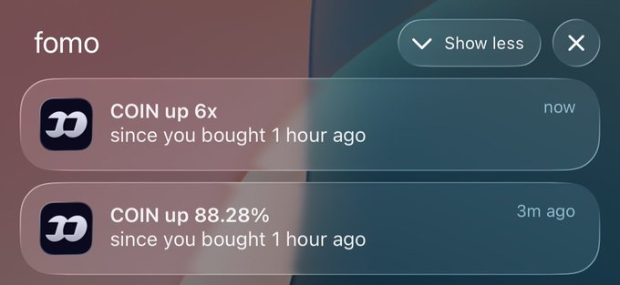 A mobile notification panel titled 'fomo' showing two alerts for a COIN token: 'COIN up 6x since you bought 1 hour ago (now)' and 'COIN up 88.28% since you bought 1 hour ago (3m ago)'.