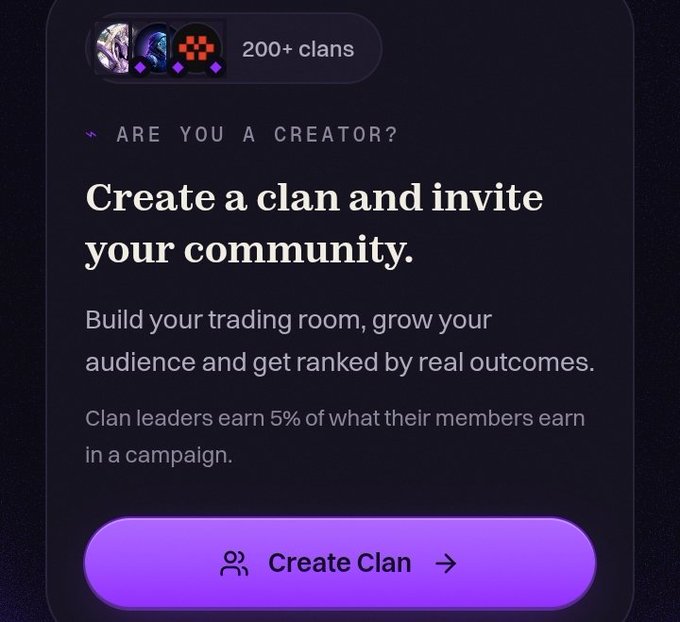 A digital interface card displays '200+ clans' and 'ARE YOU A CREATOR?' with the headline 'Create a clan and invite your community.' and a purple 'Create Clan' button.