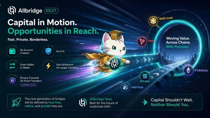 A promotional graphic for "Allbridge NEXT" with the tagline "Capital in Motion. Opportunities in Reach." featuring a white cat character with a crown, showing features like No Account Creation, No KYC, and Direct Wallet to Wallet transfers across BNB Chain, Tron, Solana, Arbitrum, and Ethereum.