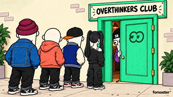 A cartoon illustration showing a line of four people waiting to enter a green door labeled 'OVERTHINKERS CLUB', with a figure peeking out from inside; signed 'fomoater'.