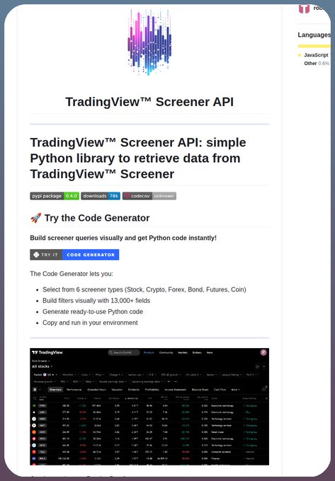 A README page for the "tradingview-screener" Python package (v0.5.2), highlighting a visual Code Generator that lets users select from 6 screener types (Stock, Crypto, Forex, Bond, Futures, Coin) and build queries across 13,000+ fields. The bottom of the image shows a screenshot of the TradingView screener interface displaying stock market data with columns for price, volume, market cap, and other metrics.