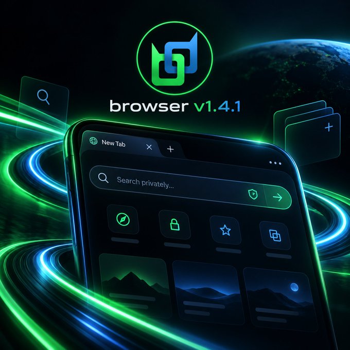 A digital promotional graphic for 'browser v1.4.1' displaying a smartphone interface with a private search bar, surrounded by neon green and blue light streaks and a dark earth-like globe.