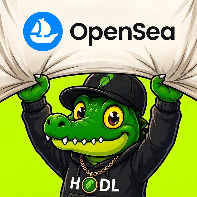 An illustration of a cartoon crocodile character wearing a black hoodie with 'HODL' written on it and a gold chain, holding up a banner displaying the 'OpenSea' logo.