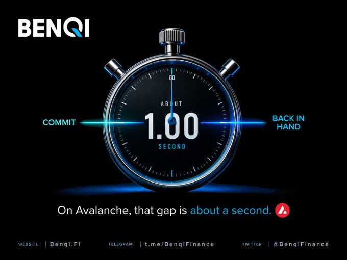 A BENQI-branded stopwatch graphic displays "ABOUT 1.00 SECOND" between "COMMIT" and "BACK IN HAND," visually reinforcing the message that the gap between committing capital and receiving it back on Avalanche is roughly one second.