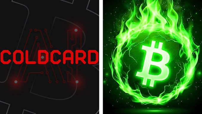 A split graphic shows the red 'COLDCARD' logo on a dark circuit board background alongside a green Bitcoin 'B' symbol surrounded by glowing green flames.