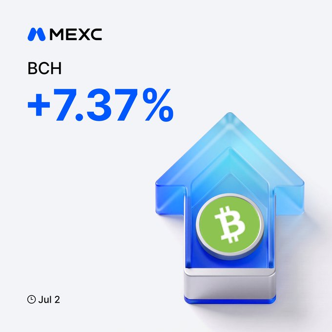 A MEXC promotional graphic showing Bitcoin Cash (BCH) at +7.37% as of July 2, featuring a 3D blue upward arrow with a Bitcoin symbol.