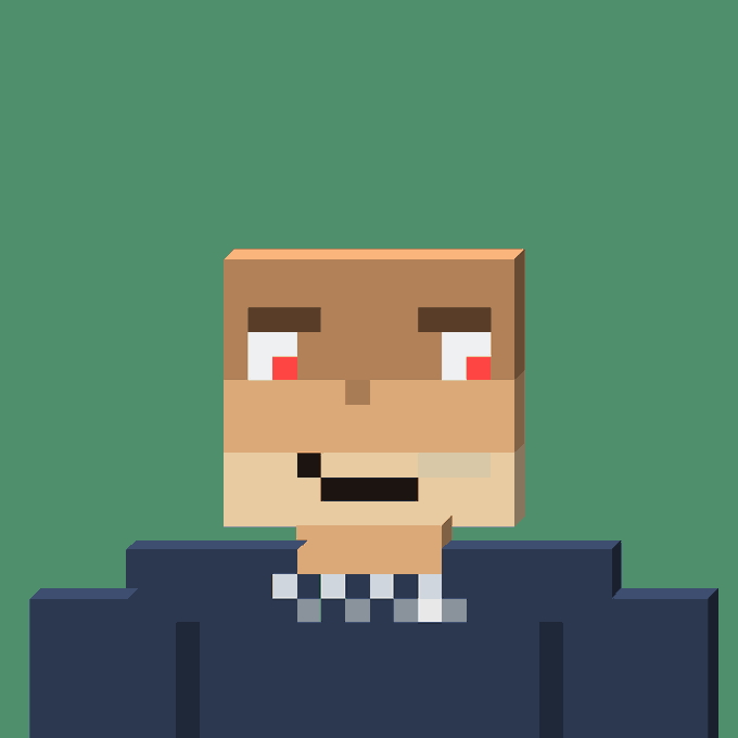 Voxel-style 3D pixel art character portrait featuring a blocky figure with brown skin, red and white eyes, and a dark blue shirt against a green background.