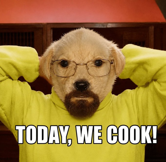 A dog wearing glasses and a yellow hoodie with its hands behind its head appears alongside the bold text "TODAY, WE COOK!" — humorously signaling the poster's pumped-up energy for another productive day of trading $Jotchua.