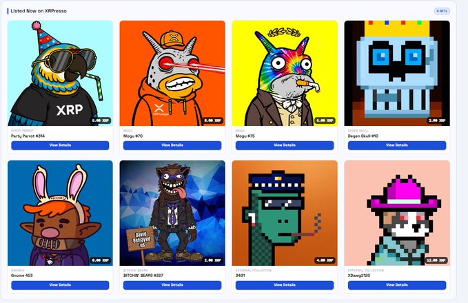 The image shows the "Listed Now on XRPresso" section of an NFT marketplace featuring 8 newly listed digital art pieces, including "Party Parrot #314" and "Mogey #70" priced at 0.08 XRP, "Degen Skull #10" at 2.00 XRP, and "BTOINE BEARS #327" at 2.00 XRP, along with several other pixel art and illustrated NFT collections like "Gnome #53," "5491," and "XRaige120." Each listing displays an XRP price tag in the corner, illustrating the post's announcement of new NFT listings available for purchase on the XRPresso marketplace using XRP cryptocurrency.