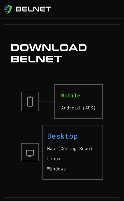 A screenshot of the Belnet download page showing options for Mobile (Android APK) and Desktop (Mac - Coming Soon, Linux, Windows).