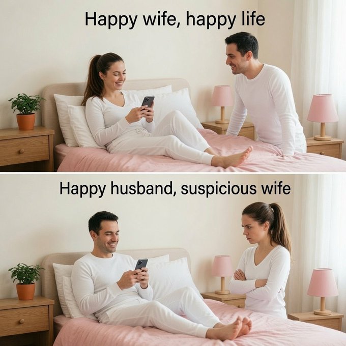 A two-panel meme comparing a happy wife on her phone with a happy husband on his phone, but with the wife suspicious in the second panel; the captions read "Happy wife, happy life" and "Happy husband, suspicious wife," humorously relating to the post about claiming ETH yields on flooor.fun and smiling over @baseapp.