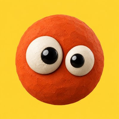 A 3D rendered red spherical character with two large googly eyes against a yellow background.