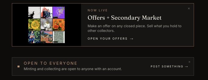 Website screenshot showing 'Offers + Secondary Market' section with text 'Make an offer on any closed piece. Sell what you hold to other collectors,' along with an 'Open to Everyone' minting section.