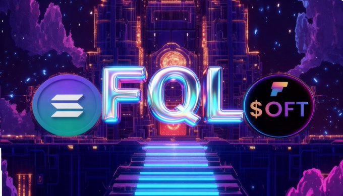 A vibrant neon-lit digital scene features the text "FQL" and "$OFT" alongside the Solana logo and an FQL Exchange emblem, set against a futuristic cosmic backdrop with a glowing staircase. The image visually reinforces the post's focus on FQL Exchange's infrastructure for digital asset mining.