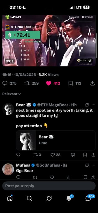 A screenshot of a mobile social media app showing a GMGN video about STONKBROKER with a chart, plus a reply from user "@ETHMegaBear" saying "next time i spot an entry worth taking, it goes straight to my tg."