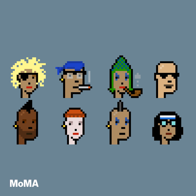 An artwork titled "MoMA" featuring eight distinct pixel-art character heads arranged in two rows on a blue-gray background, including figures with varied hairstyles and accessories like a blue bandana and green beanie.