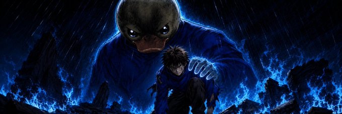 An anime-style illustration featuring a character crouched in front of a large duck-headed creature amid blue flames and ruins in the rain.