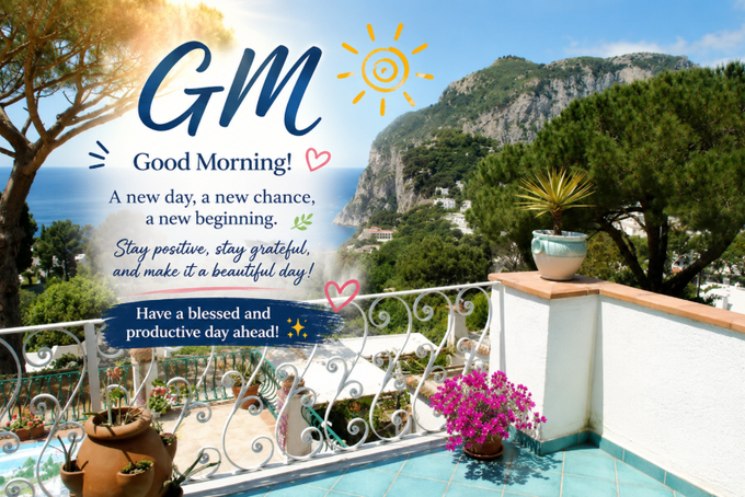 A scenic Mediterranean-style terrace view overlooking a coastal landscape features a "GM Good Morning!" greeting with the text: "A new day, a new chance, a new beginning. Stay positive, stay grateful, and make it a beautiful day! Have a blessed and productive day ahead!"