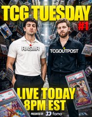 This image advertises "TCG TUESDAY #1" live today at 8 PM EST, featuring Rasmer and TCGoutpost and presented by 33 fomo. It's the promotional artwork for the first episode of their trading card game (TCG) stream.
