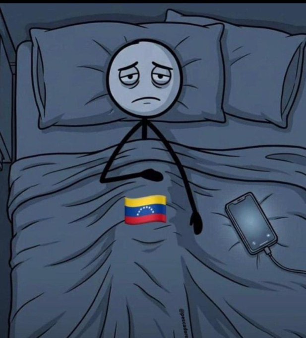 A sad stick figure lies in bed at 2:00 AM, clutching a small Venezuelan flag, with a charging phone beside him—capturing the all-too-relatable late-night mood of exhaustion and nostalgia that the post's "Who else???" invitation perfectly echoes.