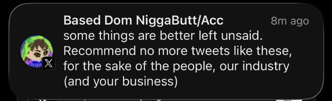 A screenshot of an X (formerly Twitter) post by user "Based Dom NiggaButt/Acc" from 8 minutes ago, reading: "some things are better left unsaid. Recommend no more tweets like these, for the sake of the people, our industry (and your business)." The warning appears to be directed at the accompanying post, which discusses the serious mental health harms caused by botnet harassment on X and onchain, including suicides and suicide attempts among victims.