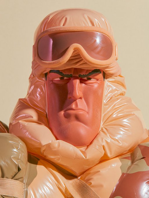 3D render of a stern-looking man wearing a shiny peach-colored puffer jacket and pink ski goggles pulled down over his forehead.
