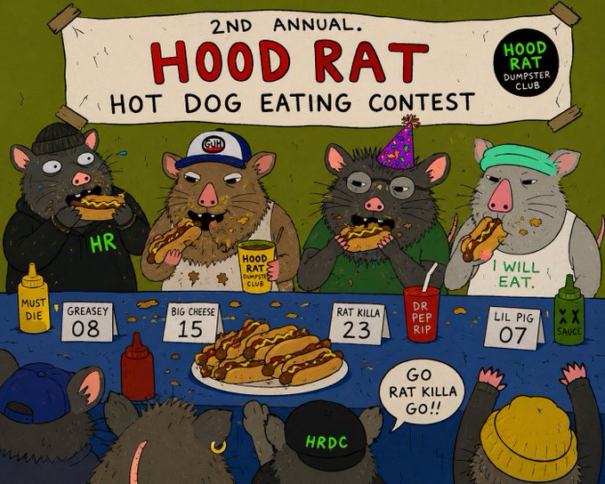 A cartoon illustration of the "2nd Annual Hood Rat Hot Dog Eating Contest" sponsored by the Hood Rat Dumpster Club, featuring four rats competing for titles like "Greasey," "Big Cheese," "Rat Killa," and "Lil Pig," with a crowd cheering "Go Rat Killa Go!"