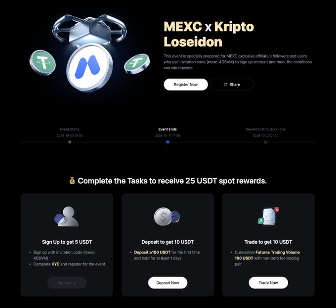 A MEXC x Kripto Loseidon promotional event page offering 25 USDT spot rewards for completing tasks like signing up, depositing 100 USDT, and trading on the platform.