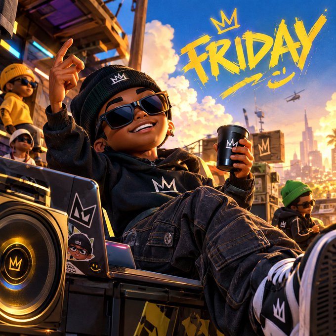 Stylized, vibrant illustration of a smiling child wearing sunglasses and a black beanie with an 'M' logo, holding a cup and pointing upward, with the word 'FRIDAY' in large yellow letters at the top right.