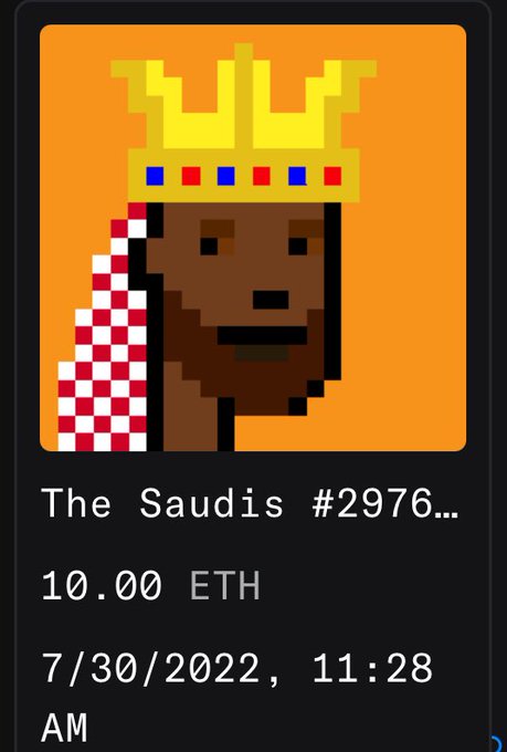 A pixel-art NFT card titled "The Saudis #2976…" sold for 10.00 ETH on 7/30/2022, illustrating a legacy NFT project's notable peak sale amid questions about its decline.