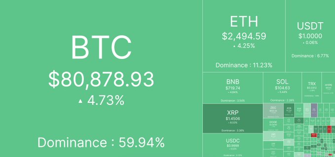 A cryptocurrency market dashboard on a green background showing BTC at $80,878.93 with 4.73% gain and 59.94% dominance, alongside ETH ($2,494.59), USDT, BNB, SOL, TRX, XRP, and USDC with their respective prices and dominance percentages.
