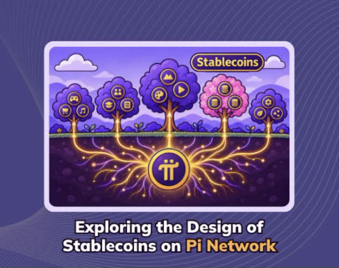 A stylized illustration about cryptocurrency, titled 'Exploring the Design of Stablecoins on Pi Network,' featuring tree-like icons connected to a Pi (π) symbol underground.