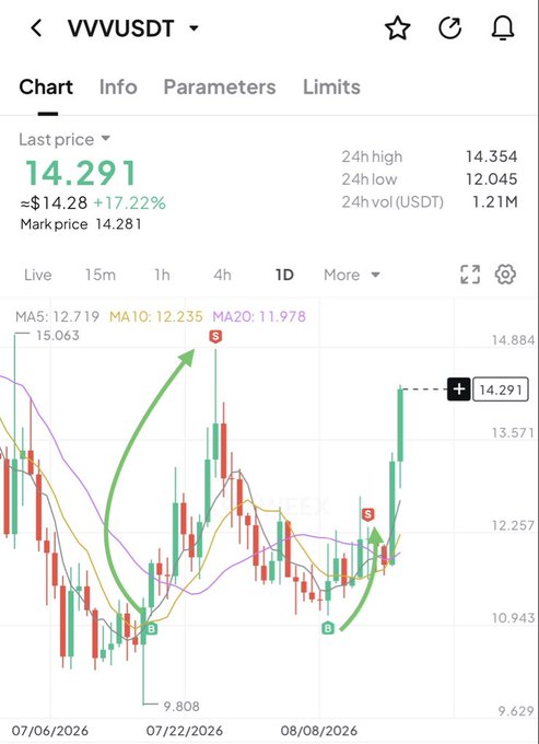 A candlestick chart of VVV/USDT showing the asset's price rallying to $14.291 (up 17.22%), with annotations marking an "S" sell point near $12.10 where the poster closed their long call and another "S" near $14, illustrating the missed gains after their stop-loss exit.