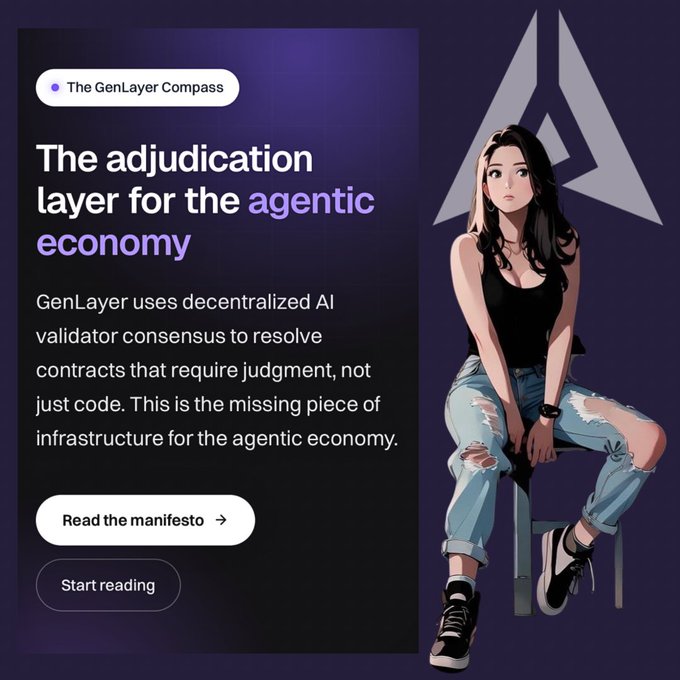 A promotional graphic for 'The GenLayer Compass' describing it as 'The adjudication layer for the agentic economy,' noting that GenLayer uses decentralized AI validator consensus to resolve contracts requiring judgment, with an illustrated woman in jeans and a black top sitting on a stool.