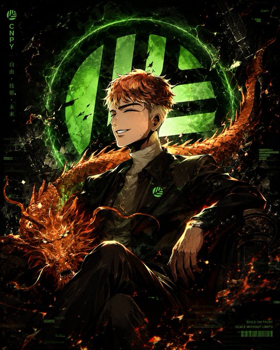 A digital art poster of a smiling orange-haired character in a leather jacket against a green glowing logo background, with text 'CNPY' and Chinese characters on the left.