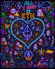 A vibrant, colorful psychedelic-style illustration featuring a large heart containing an Ethereum logo, surrounded by cute characters, mushrooms, and the text 'ALL I NEED IS ETH'.