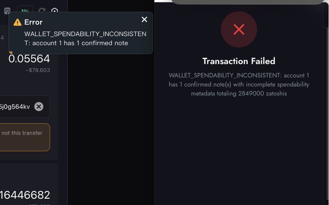 A digital wallet interface displays two error notifications—a top-left alert and a larger "Transaction Failed" dialog—showing the error code "WALLET_SPENDABILITY_INCONSISTENT" with the message "account 1 has 1 confirmed note(s) with incomplete spendability metadata totaling 2849000 zatoshis," while the left panel shows a balance of 0.05564 ZEC (~$78.603) and an address ending in "sj0g564kv," directly illustrating the user's struggle to send Zcash due to missing witness data requiring a wallet resync.