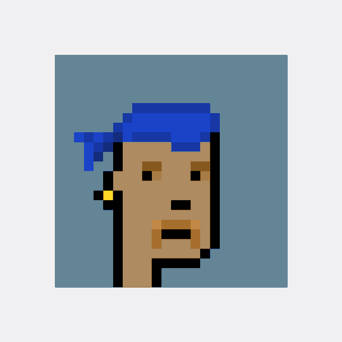 A pixel art portrait of a character with brown skin, blue hair, a small goatee, and a yellow earring against a solid blue-gray background, resembling a CryptoPunk-style avatar.