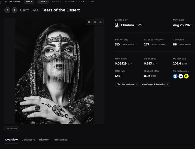 The image shows "Card 540 - Tears of the Desert," an NFT created by Ebrahim_Elmi, featuring a black-and-white portrait of a woman wearing an ornate beaded veil, with a collection of 310 editions sold for a market cap of 202.4 ETH and a highest offer of 0.03 ETH. The post highlights that 159 editions were sold for 7.11661 ETH, reflecting on the artist's successful journey in the 6529Collections meme community.