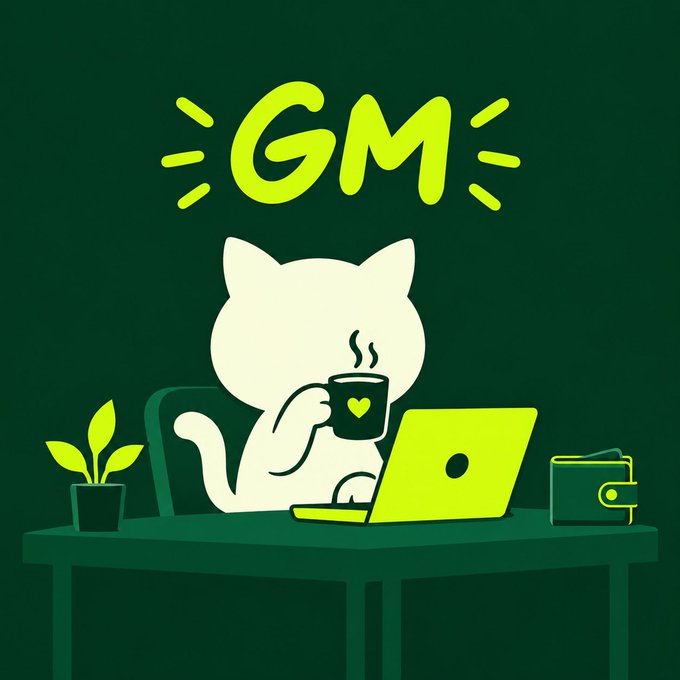 A white cat sits at a green desk with a steaming coffee mug (with a heart) and laptop, beneath a bold "GM" greeting with sparkle accents. The illustration captures a cozy, cheerful "good morning" vibe that pairs perfectly with the post's GM and $REPONS ticker, giving it a warm crypto-community feel.