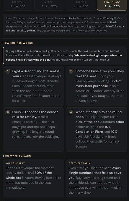 A dark-themed infographic explaining an eclipse-based cryptocurrency token system, detailing how the Lightkeeper and seat holders earn from a pot when 'totality' strikes, with sections titled 'HOW ECLIPSE WORKS' and 'TWO WAYS TO EARN'.
