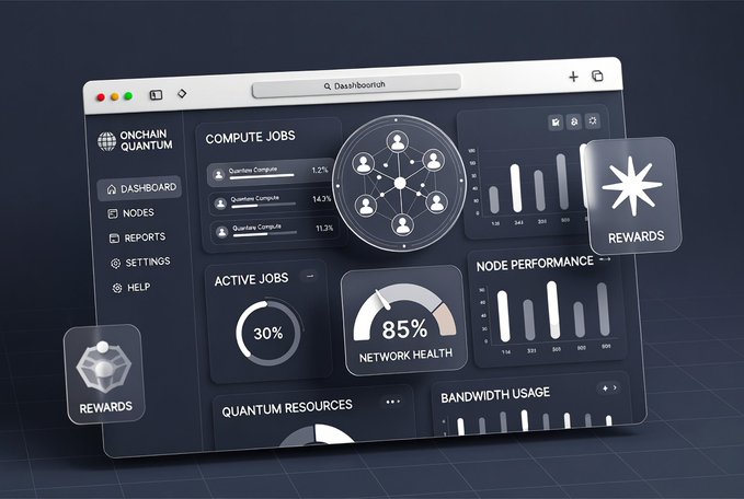 A dark-themed dashboard interface titled 'Onchain Quantum' displays compute jobs, network health at 85%, and node performance metrics, with floating 'Rewards' icons.