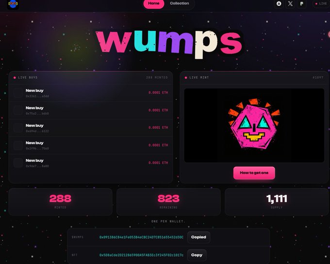 A dark-themed website for 'wumps' displays live buy activity, minting statistics (288 minted, 823 remains), supply (1,111), and NFT details.