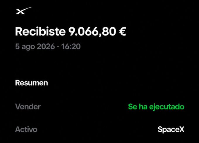 A transaction confirmation screen in Spanish shows 'Recibiste 9.066,80 €' with the status 'Se ha ejecutado' for the asset 'SpaceX'.