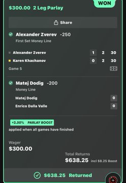 A sports betting app screen showing a $300 2-leg parlay on tennis matches featuring Alexander Zverev vs Karen Khachanov and Matej Dodig vs Enrico Dalla Valle that won for $638.25 including a 38.25 boost.