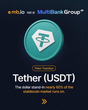 Promotional graphic from mb.io, part of MultiBank Group, featuring a Tether (USDT) coin and text reading "Token Tuesday's" and noting that USDT runs nearly 60% of the stablecoin market.