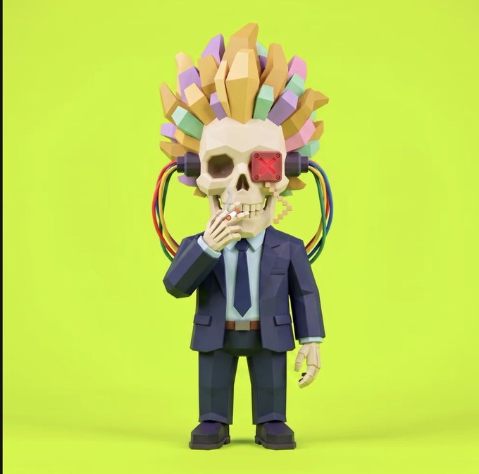 A low-poly 3D rendered character featuring a skull head with colorful spiked "hair," a cybernetic red eye implant, and cables connecting to its temples, dressed in a dark blue business suit while smoking a cigarette. The image directly illustrates the "WIF Outlaws #50" NFT from the dogwifhat-themed collection, depicting a stylized outlaw persona blending corporate aesthetics with cyberpunk and skeletal imagery.