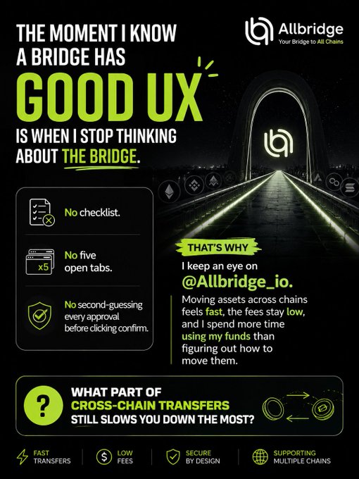An advertisement for 'Allbridge' featuring the text 'THE MOMENT I KNOW A BRIDGE HAS GOOD UX IS WHEN I STOP THINKING ABOUT THE BRIDGE' with a dark bridge illustration and various features listed.