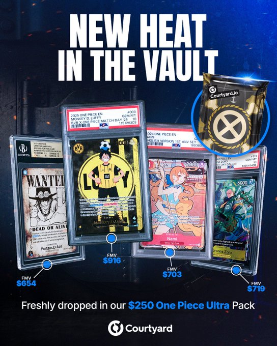 An advertisement titled 'NEW HEAT IN THE VAULT' from Courtyard.io showcasing graded One Piece trading cards with prices ranging from $654 to $916, freshly dropped in their '$250 One Piece Ultra Pack'.