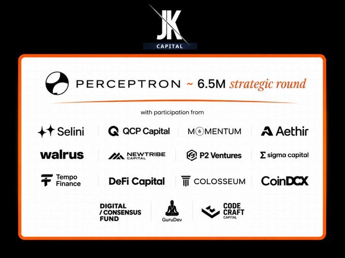 An announcement graphic for 'PERCEPTRON ~ 6.5M strategic round' with the JK Capital logo, listing participating investors including Selini, QCP Capital, Momentum, Aethir, Walrus, NewTribe Capital, P2 Ventures, Sigma Capital, Tempo Finance, DeFi Capital, Colosseum, CoinDCX, Digital Consensus Fund, GuruDev, and Code Craft Capital.